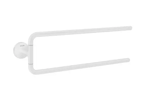Weißer handtuchhalter mit zwei Armen, an einer Wand montiert. Das Produkt stammt von der Marke AXOR und hat ein minimalistisches Design.
